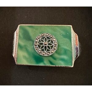 Art Deco Lady's Money Clip Chrome Green Enamel Marcasite